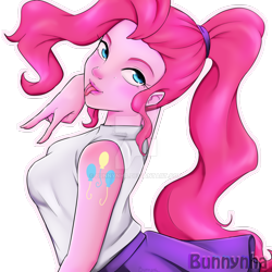 Size: 1024x1024 | Tagged: safe, artist:bunnynha, character:pinkie pie, species:human, my little pony:equestria girls, beautiful, blouse, breasts, busty pinkie pie, clothing, cute, female, humanized, moe, pony coloring, ponytail, pose, signature, simple background, skirt, solo, tongue out, transparent background, watermark