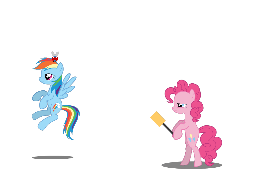 Size: 1080x720 | Tagged: safe, artist:twitchy-tremor, character:pinkie pie, character:rainbow dash, species:earth pony, species:pegasus, species:pony, animated, attack, female, flying, flyswatter, food, gif, insect, jumping, mare, parasprite, pie, rainbow, simple background, white background