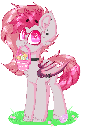 Size: 291x434 | Tagged: safe, artist:wolfs42, oc, oc only, oc:candy quartz, species:bat pony, species:pony, animated, basket, bat pony oc, blinking, cute, ear piercing, easter, easter egg, female, heart eyes, holiday, mouth hold, piercing, pixel art, simple background, transparent background, wing piercing, wingding eyes, ych result
