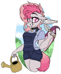 Size: 1450x1747 | Tagged: safe, artist:wolfs42, oc, oc only, oc:candy quartz, species:anthro, species:bat pony, species:pony, anthro oc, bat pony oc, clothing, collar, cute, ear piercing, fangs, female, floppy ears, fluffy, gardening, mare, overalls, piercing, shirt, shorts, shovel, simple background, smiling, t-shirt, transparent background, watering can, wing piercing, ych result
