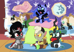 Size: 1768x1250 | Tagged: safe, artist:viraljp, character:discord, character:king sombra, character:nightmare moon, character:princess luna, character:queen chrysalis, species:alicorn, species:changeling, species:draconequus, species:pony, species:umbrum, species:unicorn, baby, baby bottle, baby discord, baby draconequus, baby pony, changeling queen, chocolate, chocolate milk, colt, colt sombra, cute, cutealis, diaper, discute, drink, female, filly, foal, heart, male, milk, moonabetes, nightmare woon, nymph, parasprite, pillow, sitting, sombradorable, younger