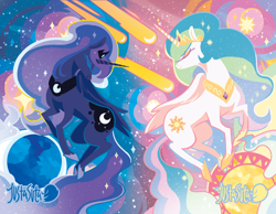 Size: 1160x900 | Tagged: safe, artist:justasuta, character:princess celestia, character:princess luna, species:alicorn, species:pony, abstract background, comet, crown, eyes closed, female, hoof shoes, hooves, horn, jewelry, lineless, mare, moon, night, profile, regalia, royal sisters, shooting star, sisters, sky, space, starry night, stars, sun, tiara, wings