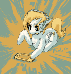 Size: 1322x1374 | Tagged: safe, artist:fundz64, character:derpy hooves, color palette challenge, d.va headphones, female, focused, game over, gameboy advance, headset, limited palette, lying down, solo