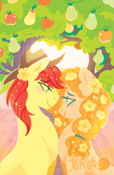 Size: 587x900 | Tagged: safe, artist:justasuta, character:bright mac, character:pear butter, species:earth pony, species:pony, ship:brightbutter, apple, apple tree, blushing, clothing, cowboy hat, female, flower, flower in hair, food, hat, lineless, looking at each other, male, mare, pear, pear tree, shipping, smiling, stallion, straight, tree