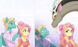 Size: 1293x788 | Tagged: safe, artist:ladychimaera, character:discord, character:fluttershy, character:zephyr breeze, species:anthro, species:draconequus, species:pegasus, species:pony, ship:discoshy, brother and sister, clothing, envy, eye contact, female, jealous, looking at each other, male, mare, shipping, shirt, stallion, straight, yandere, yanderecord