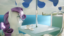 Size: 1920x1080 | Tagged: safe, artist:dashyoshi, character:rarity, species:pony, 3d, beach umbrella, cup, female, food, ocean, solo, tea, teacup