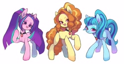 Size: 2838x1491 | Tagged: safe, artist:ikirunosindo, character:adagio dazzle, character:aria blaze, character:sonata dusk, species:earth pony, species:pony, female, gem, looking at you, mare, ponified, simple background, siren gem, the dazzlings, trio, trio female, white background
