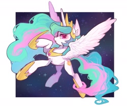 Size: 2025x1716 | Tagged: safe, artist:ikirunosindo, character:princess celestia, species:alicorn, species:pony, crown, female, jewelry, looking at you, mare, necklace, regalia, solo, space