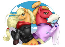 Size: 3509x2550 | Tagged: safe, artist:dragonademetal, character:applejack, character:big mcintosh, species:earth pony, species:pony, alternate hairstyle, biker, clothing, crossdressing, cutie mark, duo, fan, female, freckles, hair bun, hoof boots, jacket, kimono (clothing), looking at you, male, mare, missing accessory, neckerchief, rearing, request, simple background, stallion, transparent background