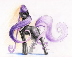 Size: 2956x2326 | Tagged: safe, artist:dragonademetal, character:octavia melody, species:earth pony, species:pony, alternate cutie mark, clothing, colored pencil drawing, female, long hair, looking at you, mare, nightmarified, prehensile tail, simple background, smiling, solo, traditional art, white background