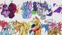Size: 1920x1080 | Tagged: safe, artist:artfestation, character:applejack, character:coloratura, character:gilda, character:maud pie, character:pinkie pie, character:rainbow dash, character:rarity, character:spitfire, character:starlight glimmer, character:tempest shadow, character:trixie, character:twilight sparkle, character:twilight sparkle (alicorn), character:vapor trail, species:alicorn, species:earth pony, species:griffon, species:pegasus, species:pony, species:unicorn, ship:gildapie, ship:rarajack, ship:rarimaud, ship:startrix, ship:tempestlight, g4, female, kiss on the cheek, kiss sandwich, kissing, lesbian, ot3, polyamory, shipping