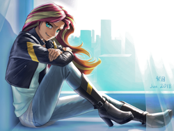 Size: 1280x960 | Tagged: safe, artist:murskme, edit, editor:mjolnir312, character:sunset shimmer, species:human, my little pony:equestria girls, angled leg, beautiful, boots, clothing, female, grin, high heel boots, high heels, human coloration, humanized, jacket, leaning, leaning on something, leather jacket, looking at you, photoshop, shoes, side view, sitting, smiling, smirk, solo, window