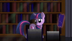 Size: 960x540 | Tagged: safe, artist:hydrusbeta, character:spike, character:twilight sparkle, animated, book, bookshelf, library, loop, magic, no sound, perfect loop, reading, telekinesis, walking, webm