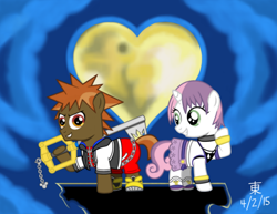 Size: 1100x850 | Tagged: safe, artist:jazzytyfighter, character:button mash, character:sweetie belle, 2015, clothing, cosplay, costume, crossover, kairi, keyblade, kingdom hearts, moon, sora
