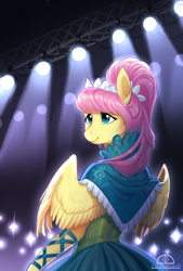 Size: 706x1042 | Tagged: safe, artist:ladychimaera, character:fluttershy, species:anthro, species:pegasus, g4, alternate hairstyle, camera flashes, clothing, dress, female, head turn, headdress, mare, modelshy, ponytail, smiling, solo, spotlight, spread wings, three quarter view, wings