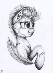 Size: 2373x3265 | Tagged: safe, artist:yellowrobin, character:lightning dust, species:pegasus, species:pony, black and white, clothing, ear fluff, feather, goggles, grayscale, injured, monochrome, raised hoof, smiling, smirk, traditional art, uniform, wonderbolts, wonderbolts uniform