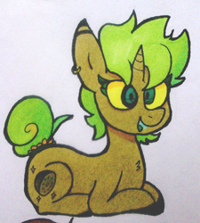 Size: 756x840 | Tagged: safe, artist:lilpinkghost, oc, oc only, species:pony, species:unicorn, design, girly, green eyes, green hair, mexico, original character do not steal, short hair, solo, traditional art
