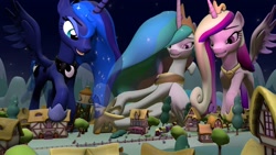 Size: 3000x1687 | Tagged: safe, artist:jeroen01, character:princess cadance, character:princess celestia, character:princess luna, species:alicorn, species:pony, 3d, giant pony, giantlestia, looking at you, macro, mega cadance, mega celestia, mega luna, night, open mouth, ponyville, sitting