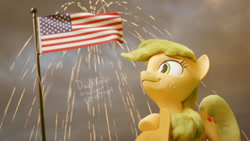 Size: 1920x1080 | Tagged: safe, artist:dashyoshi, character:applejack, species:pony, 3d, 4th of july, blonde, female, flag, hatless, holiday, missing accessory, smiling, solo, united states