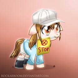 Size: 2048x2048 | Tagged: safe, artist:rockarboom, species:earth pony, species:pony, anime, boots, cap, cells at work, clothing, female, filly, gradient background, hat, mouth hold, parody, platelets, ponified, shirt, shoes, sign, solo, stop sign, t-shirt