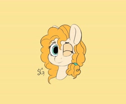 Size: 6000x5000 | Tagged: safe, artist:icey-wicey-1517, artist:sunlightgryphon, derpibooru original, edit, character:pear butter, species:earth pony, species:pony, absurd resolution, bust, color edit, colored, female, looking at you, mare, one eye closed, simple background, sketch, wink, yellow background