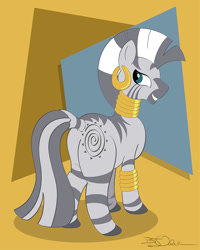 Size: 799x1000 | Tagged: safe, artist:sherwood, character:zecora, species:pony, species:zebra, abstract background, butt, ear piercing, earring, female, jewelry, looking back, mare, piercing, plot, smiling, solo, zecorass