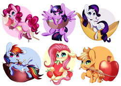 Size: 3508x2480 | Tagged: safe, artist:iblisart, character:applejack, character:fluttershy, character:pinkie pie, character:rainbow dash, character:rarity, character:twilight sparkle, character:twilight sparkle (alicorn), species:alicorn, species:earth pony, species:pegasus, species:pony, species:unicorn, apple, banana, chibi, female, food, fruit, mane six, mare