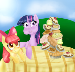 Size: 1800x1731 | Tagged: safe, artist:lamentedmusings, character:apple bloom, character:twilight sparkle, apple, apple pie, blushing, cake, cupcake, food, pie, puffy cheeks, table