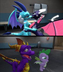 Size: 1278x1455 | Tagged: safe, artist:hedgehogninja94, character:princess ember, character:spike, species:dragon, 3d, cheating, crossover, crossover shipping, cyndember, cynder, dragoness, female, kissing, lesbian, lesbian in front of boys, making out, male, shipping, source filmmaker, spyro the dragon, the legend of spyro, winged spike