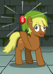 Size: 500x700 | Tagged: safe, artist:jazzytyfighter, character:quarter hearts, species:earth pony, species:pony, background pony, clothing, crossover, dungeon, gem, hat, link, ponified, ruby, rupee, the legend of zelda, video game