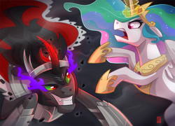 Size: 1247x900 | Tagged: safe, artist:seanica, character:king sombra, character:princess celestia, species:alicorn, species:pony, species:unicorn, curved horn, fight, glowing horn, hoof shoes, horn, magic, rearing, sombra eyes