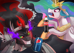 Size: 1247x900 | Tagged: safe, artist:seanica, edit, character:king sombra, character:princess celestia, species:alicorn, species:pony, species:unicorn, coca-cola, curved horn, fight, glowing horn, hoof shoes, horn, magic, pepsi, rearing, soda, sombra eyes