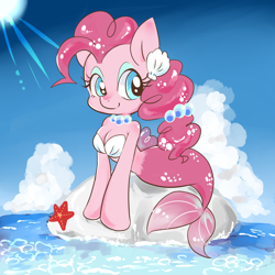 Size: 2000x2000 | Tagged: safe, artist:grimbloody, character:pinkie pie, species:seapony (g4), breasts, cloud, female, mermaid, misplaced boobs, scenery, seaponified, seapony pinkie pie, sky, solo, species swap, water