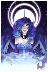 Size: 1790x2702 | Tagged: safe, artist:djspark3, character:princess luna, species:human, alicorn humanization, bat wings, fangs, female, horned humanization, humanized, slit eyes, smiling, solo, winged humanization