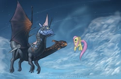 Size: 1392x911 | Tagged: safe, artist:saurabhinator, character:fluttershy, species:dragon, species:pegasus, species:pony, cloud, cloudy, crossover, dota, dota 2, female, flying, game, jakiro, mare, multiple heads, sky, smiling, spread wings, two heads, two-headed dragon, wings