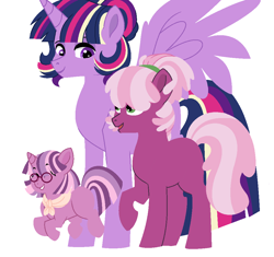 Size: 1000x940 | Tagged: safe, artist:rosebuddity, character:cheerilee, character:twilight sparkle, character:twilight sparkle (alicorn), oc, oc:lilac radiance, parent:cheerilee, parent:twilight sparkle, parents:cheerilight, species:alicorn, species:earth pony, species:pony, species:unicorn, ship:cheerilight, family, female, filly, glasses, height difference, lesbian, magical lesbian spawn, mare, missing cutie mark, offspring, shipping, simple background, white background