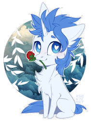 Size: 590x779 | Tagged: safe, artist:hazepages, oc, oc only, oc:mysticus, species:pony, species:unicorn, chest fluff, chibi, flower, heart eyes, male, mouth hold, rose, simple background, sitting, solo, stallion, transparent background, wingding eyes