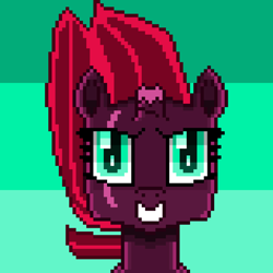 Size: 1501x1501 | Tagged: safe, artist:superhypersonic2000, character:fizzlepop berrytwist, character:tempest shadow, species:pony, species:unicorn, abstract background, broken horn, female, looking at you, mare, pixel art, smiling, solo