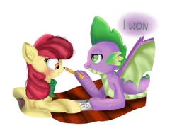 Size: 1533x1150 | Tagged: safe, artist:dsfranch, character:apple bloom, character:spike, species:dragon, ship:spikebloom, blushing, boop, female, male, older, older apple bloom, older spike, pencil, shipping, simple background, straight, tic tac toe, white background, winged spike