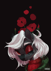 Size: 1771x2480 | Tagged: safe, artist:domidelance, oc, oc only, black background, clothing, dappled, eyeshadow, flower, looking at you, makeup, one eye closed, poppy, simple background, solo, sweater, white hair, wink