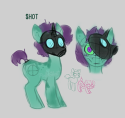 Size: 665x628 | Tagged: safe, artist:lilpinkghost, oc, oc only, species:pony, species:unicorn, character, digital art, gray background, green, green eyes, head, looking at you, male, mask, multiple eyes, original character do not steal, ponified, purple, radioactive, reference sheet, simple background, sketch, solo, tail wrap, undead, zombie, zombie pony