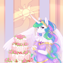 Size: 1125x1125 | Tagged: safe, artist:ladychimaera, character:princess celestia, species:alicorn, species:anthro, g4, breasts, cake, cakelestia, clothing, colored eyebrows, crown, devious, dress, eyebrows, female, fingerless gloves, food, gloves, jewelry, looking at you, mare, regalia, shhh, smiling, solo, spoon, this will end in weight gain, three quarter view