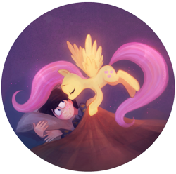 Size: 1111x1104 | Tagged: safe, artist:technaro, character:fluttershy, species:human, species:pegasus, species:pony, blanket, crossover, dr. seuss, duo, female, kiss on the cheek, kissing, mare, once-ler, pillow, smiling, the lorax, tucking in
