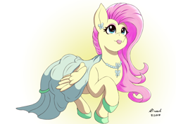 Size: 4093x2894 | Tagged: safe, artist:greed, character:fluttershy, species:pegasus, species:pony, bride, clothing, digital art, dress, happy, lipstick, makeup, shadow, smiling, wedding dress