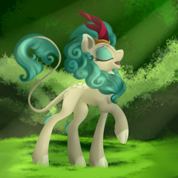 Size: 4092x4092 | Tagged: safe, artist:ailatf, character:rain shine, species:kirin, episode:sounds of silence, g4, my little pony: friendship is magic, absurd resolution, cloven hooves, crepuscular rays, eyes closed, female, leonine tail, open mouth, queen, raised hoof, solo
