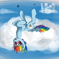 Size: 3000x3000 | Tagged: safe, artist:dosh, character:rainbow dash, species:pegasus, species:pony, cloud, cloudsdale, female, legs in air, on back, sky, smiling, solo, upside down