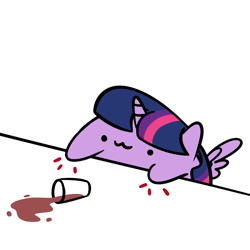 Size: 1080x1080 | Tagged: safe, artist:squeaky-belle, character:twilight sparkle, character:twilight sparkle (alicorn), species:alicorn, species:pony, :3, bongo cat, chocolate, chocolate milk, cute, everything is ruined, exploitable meme, female, meme, milk, pure unfiltered evil, solo, spilled milk, table, twiabetes