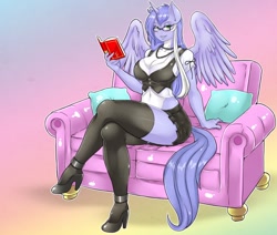 Size: 1280x1086 | Tagged: safe, alternate version, artist:skyraptor, oc, oc only, oc:mariah wolves, species:alicorn, species:anthro, species:plantigrade anthro, species:pony, abstract background, alicorn oc, anthro oc, belly button, big breasts, book, breasts, cleavage, clothing, crossed legs, female, glasses, gradient background, high heels, looking at you, shoes, sitting, solo, stockings, thigh highs