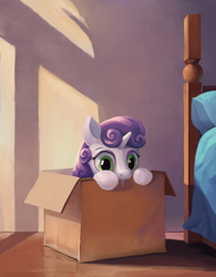 Size: 702x900 | Tagged: safe, artist:maggwai, edit, character:sweetie belle, species:pony, behaving like a cat, box, cardboard box, chewing, cute, diasweetes, drool, eating, female, if i fits i sits, kitty belle, nom, pony in a box, solo