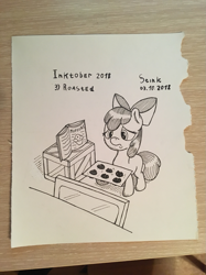 Size: 907x1210 | Tagged: safe, artist:stink111, character:apple bloom, species:earth pony, species:pony, inktober, black and white, burnt, cookbook, female, filly, foal, food, grayscale, ink drawing, monochrome, muffin, paper, sad, simple background, solo, traditional art, white background